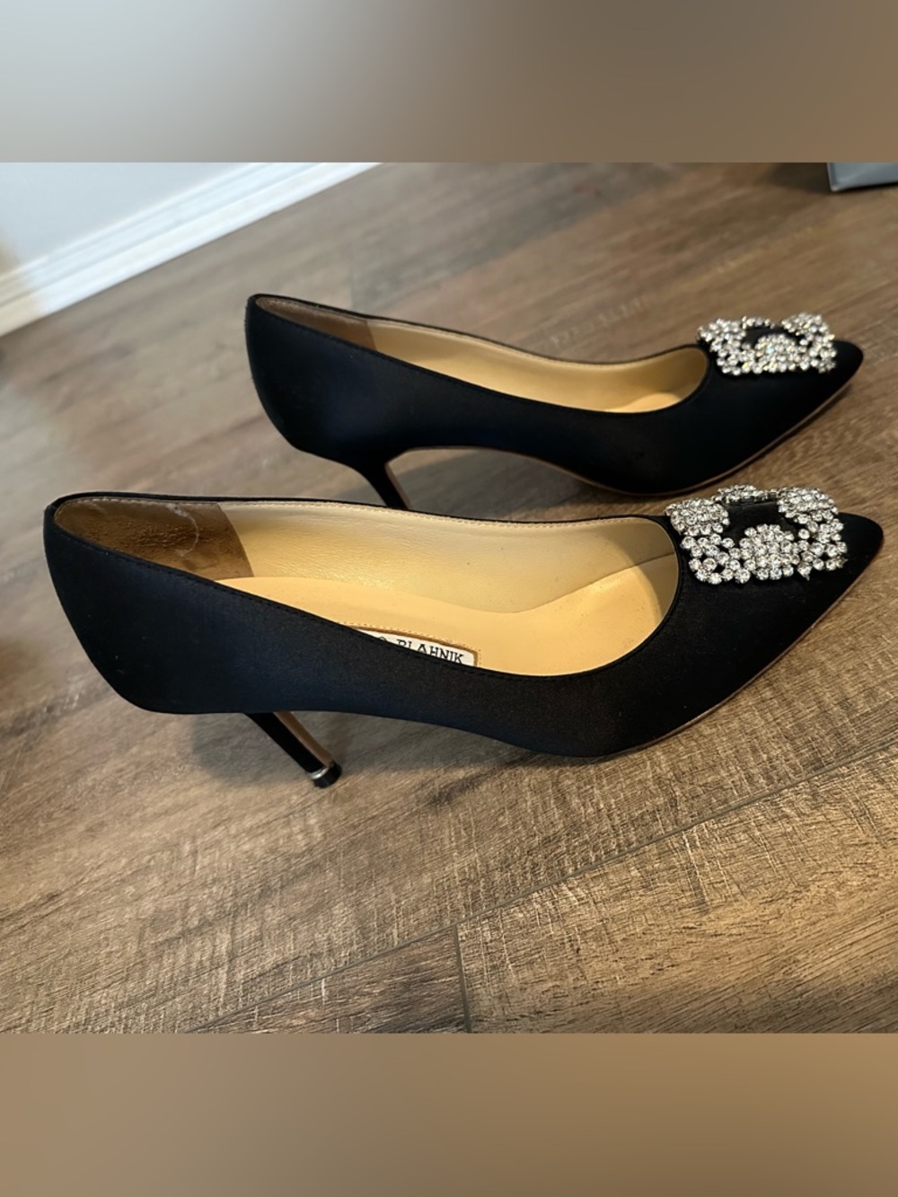 Manolo Blahnik Black Satin Pumps with Crystal Buckles